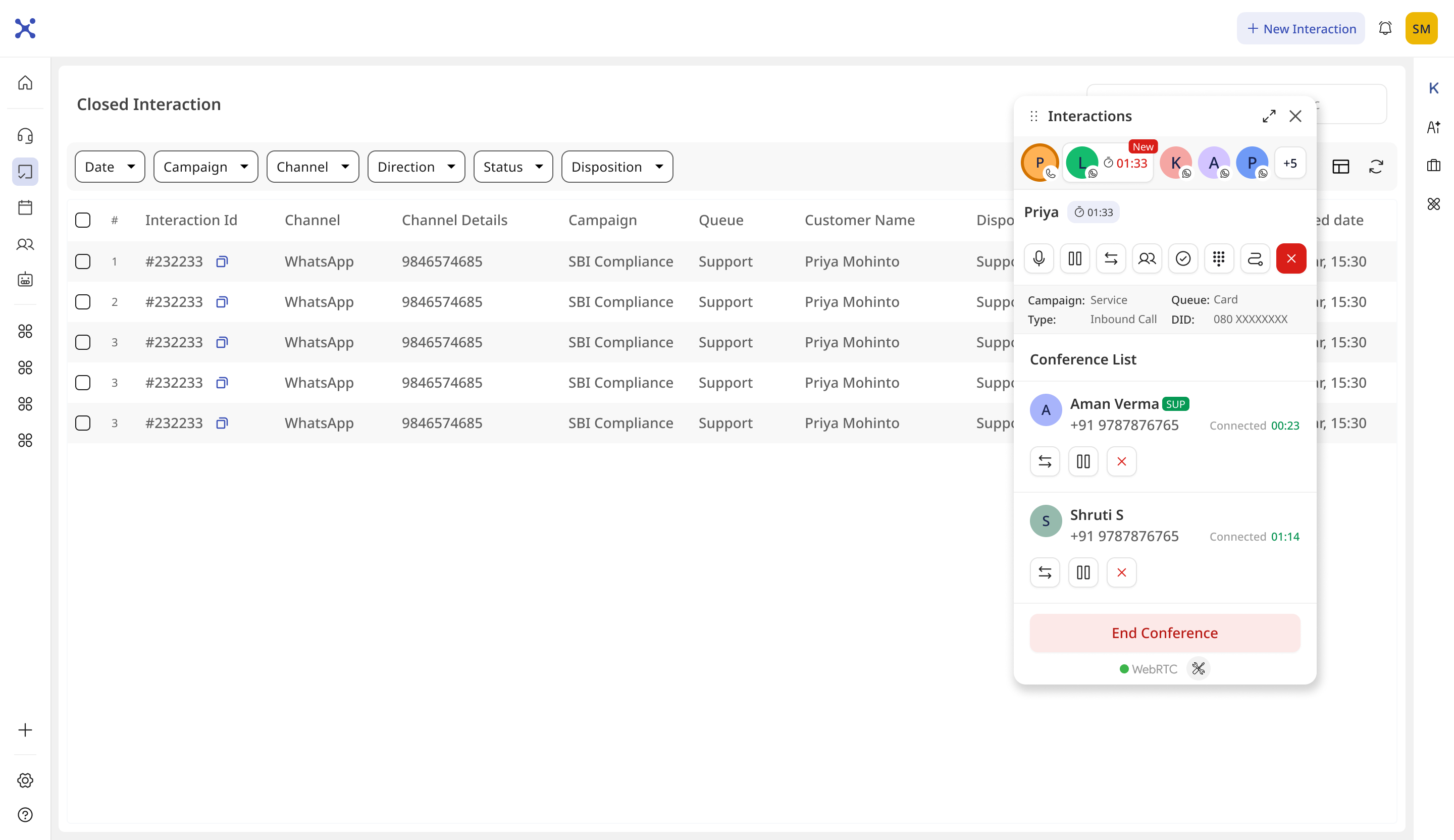 Expanded floating interactions window with live call controls and conference list, over a full-page view
